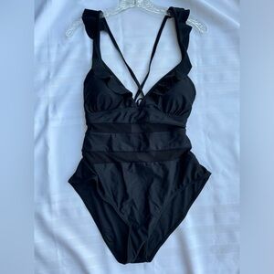 HiMiss Black Mesh One Piece Bathing Suit Swimsuit Swimwear V Neck Size Large NWT